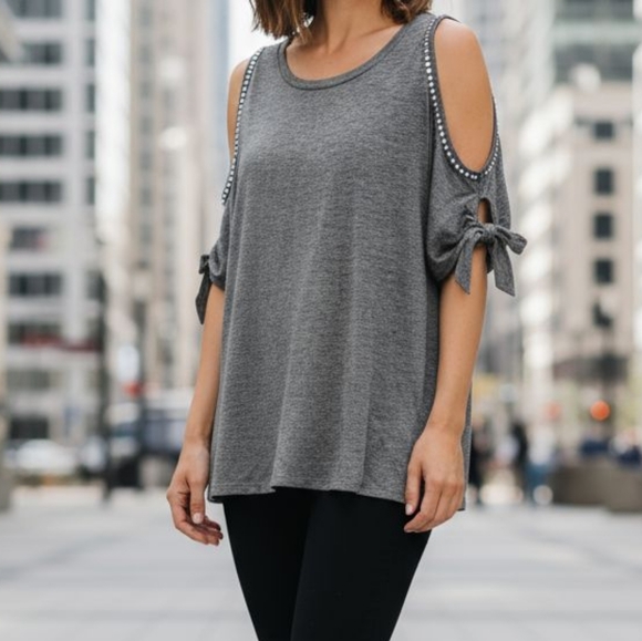 Juicy Couture Rhinestone Cold Shoulder Top M Gray Short Tie DIAMONDS Sleeves - Picture 2 of 16